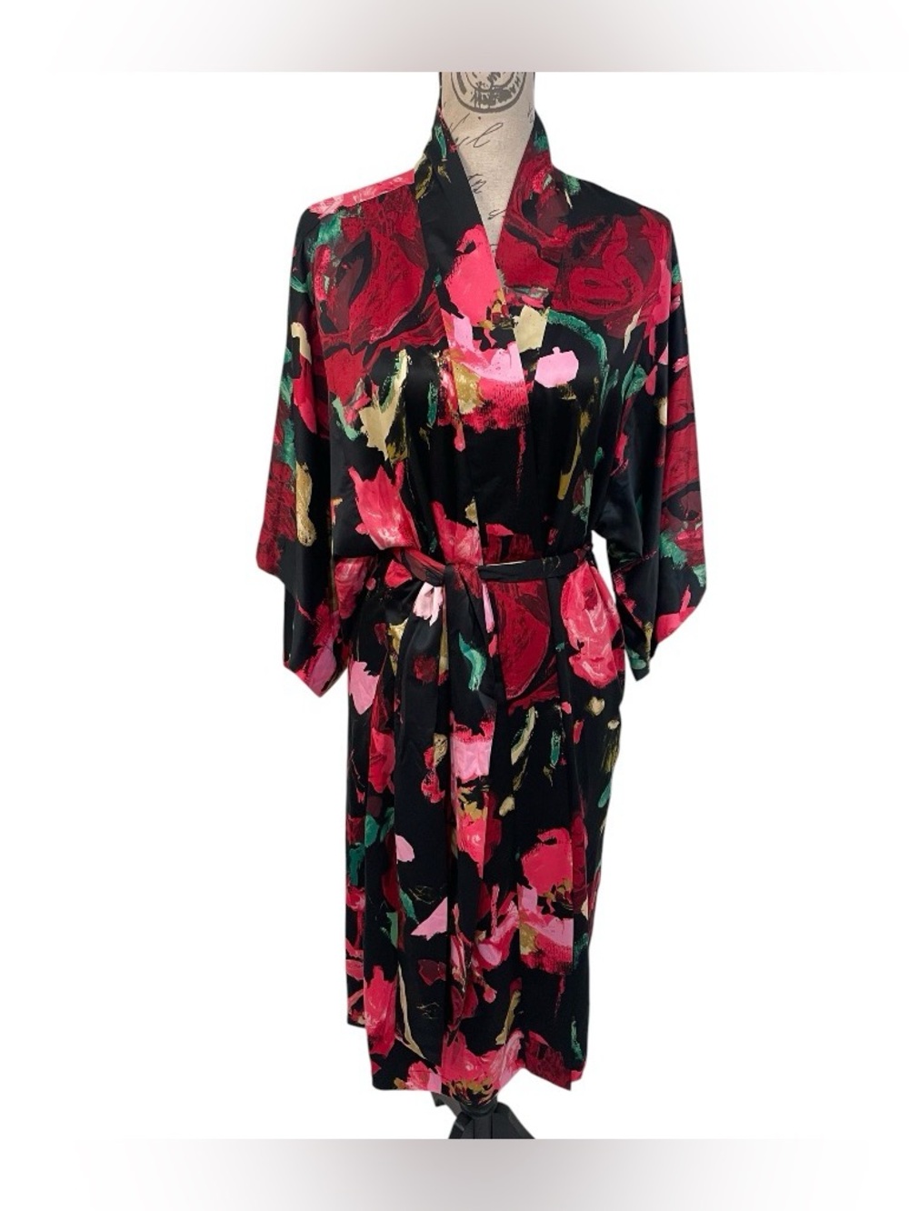 Natori Floral Satin Kimono Robe Black Pink Red Belted Lounge Cover Up Size Small - Picture 2 of 14